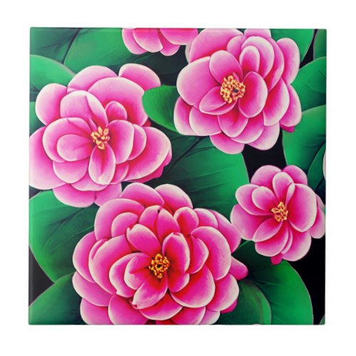 Fuchsia Pink Camellias and Jade Green Leaves Ceramic Tile