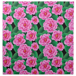 Fuchsia Pink Camellias and Jade Green Leaves Cloth Napkin