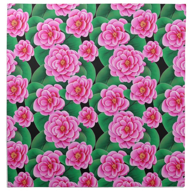 Fuchsia Pink Camellias and Jade Green Leaves Cloth Napkin (Front)