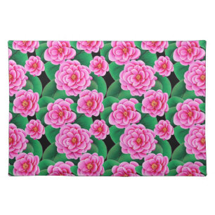 Fuchsia Pink Camellias and Jade Green Leaves Cloth Placemat