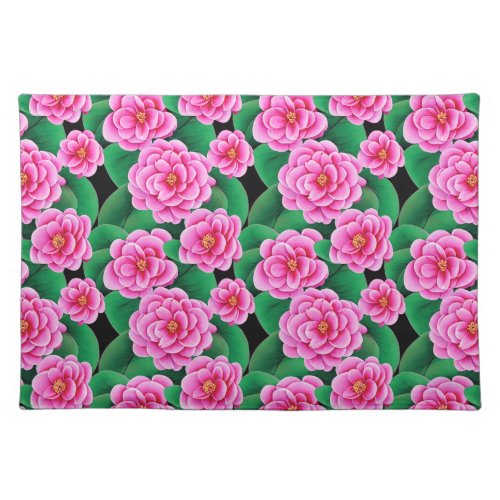 Fuchsia Pink Camellias and Jade Green Leaves Cloth Placemat