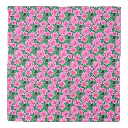 Fuchsia Pink Camellias and Jade Green Leaves Duvet Cover