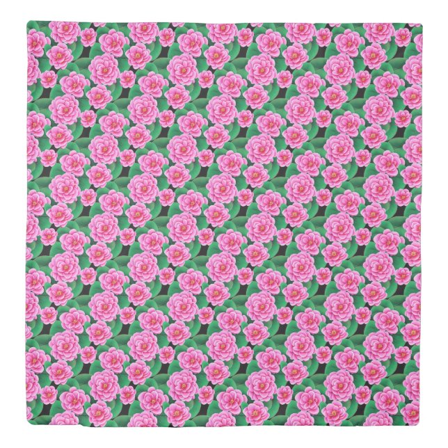 Fuchsia Pink Camellias and Jade Green Leaves Duvet Cover (Front)
