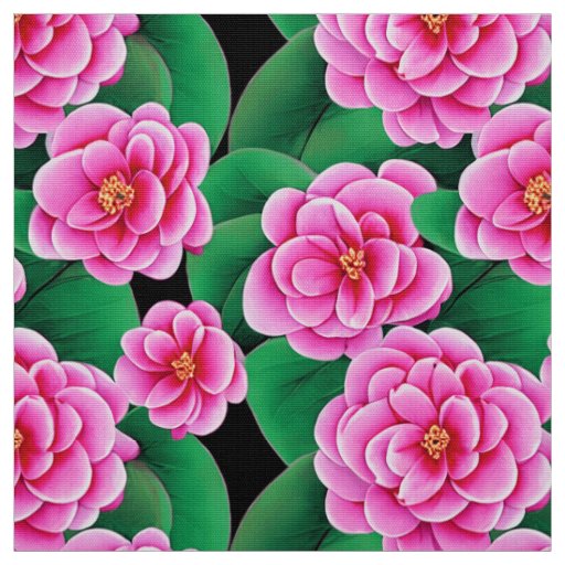 Fuchsia Pink Camellias and Jade Green Leaves Fabric