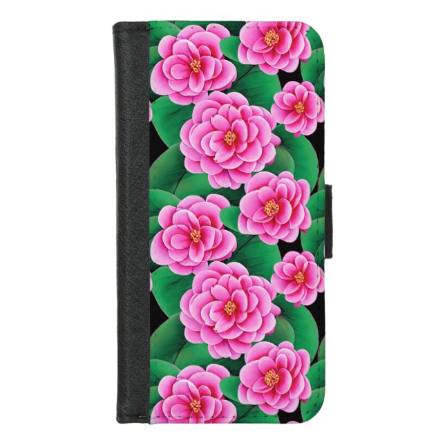 Fuchsia Pink Camellias and Jade Green Leaves iPhone Wallet Case (Front)