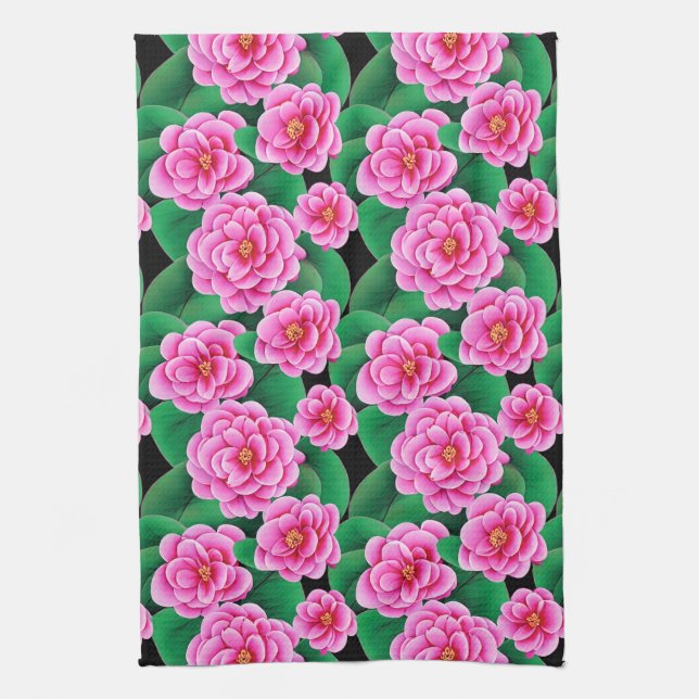 Fuchsia Pink Camellias and Jade Green Leaves Kitchen Towel (Vertical)