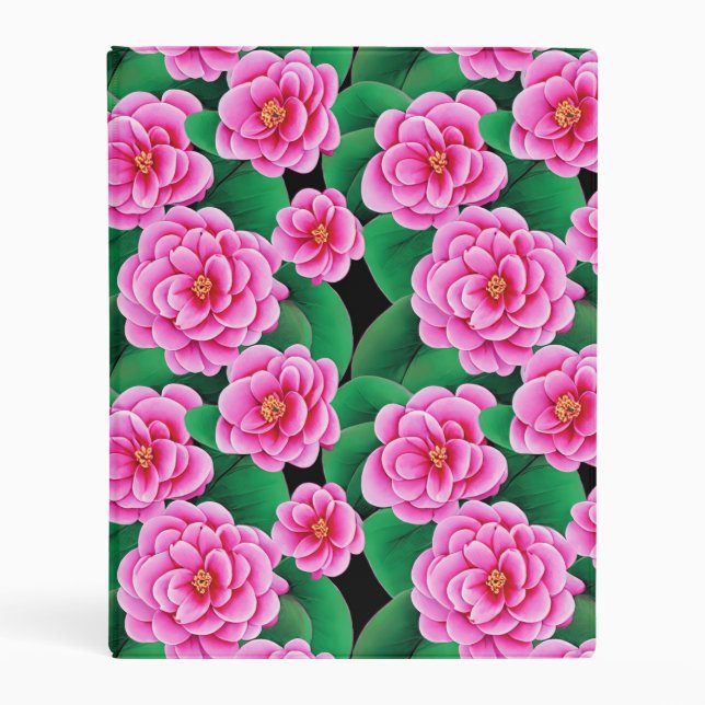 Fuchsia Pink Camellias and Jade Green Leaves Mini Binder (Front)