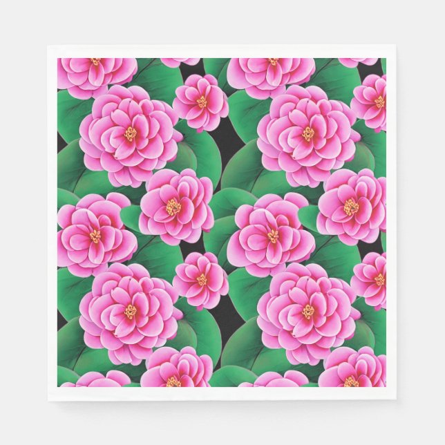 Fuchsia Pink Camellias and Jade Green Leaves Napkins (Front)