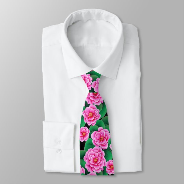 Fuchsia Pink Camellias and Jade Green Leaves Neck Tie (Tied)