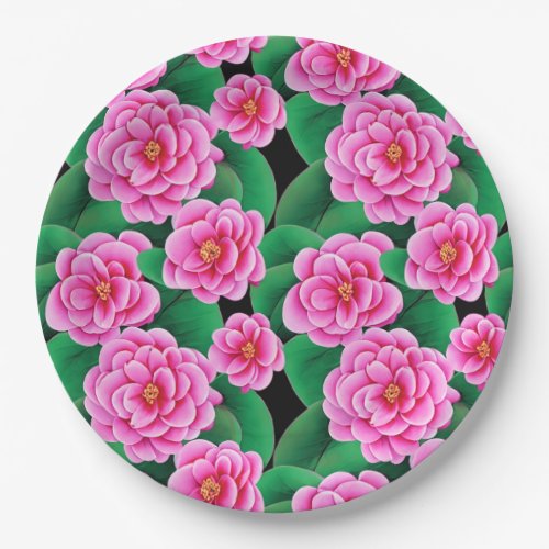 Fuchsia Pink Camellias and Jade Green Leaves Paper Plates