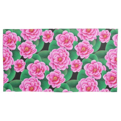 Fuchsia Pink Camellias and Jade Green Leaves Pillow Case