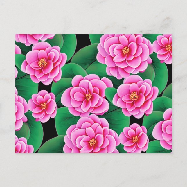 Fuchsia Pink Camellias and Jade Green Leaves Postcard (Front)