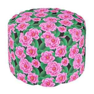 Fuchsia Pink Camellias and Jade Green Leaves Pouf