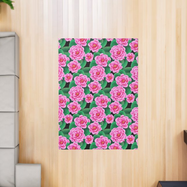 Fuchsia Pink Camellias and Jade Green Leaves Rug (Insitu (Indoor 2))