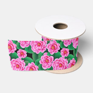 Fuchsia Pink Camellias and Jade Green Leaves Satin Ribbon