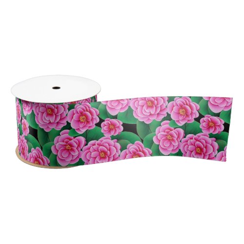 Fuchsia Pink Camellias and Jade Green Leaves Satin Ribbon