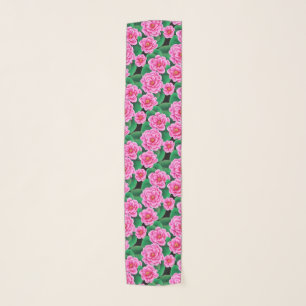 Fuchsia Pink Camellias and Jade Green Leaves Scarf