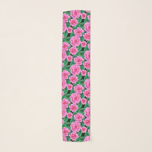 Fuchsia Pink Camellias and Jade Green Leaves Scarf