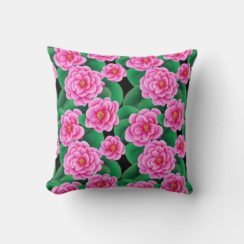 Fuchsia Pink Camellias and Jade Green Leaves Throw Pillow