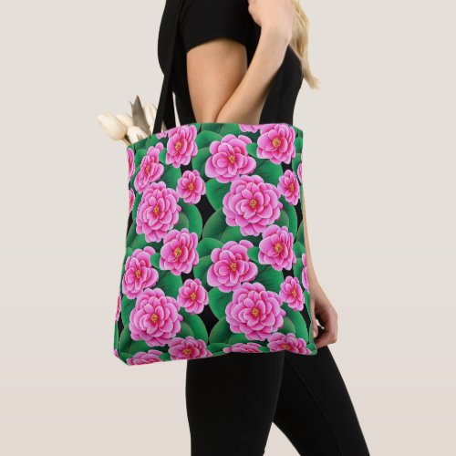 Fuchsia Pink Camellias and Jade Green Leaves Tote Bag