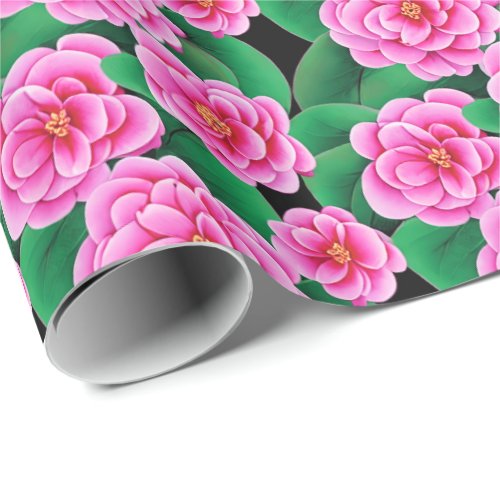 Fuchsia Pink Camellias and Jade Green Leaves Wrapping Paper