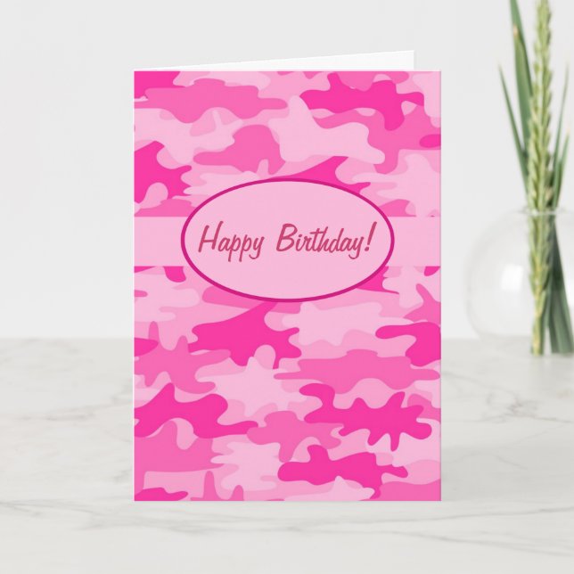 Fuchsia Pink Camo Camouflage Happy Birthday Custom Card (Front)