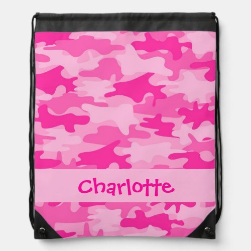 Fuchsia Pink Camouflage Name Personalized Drawstring Bag