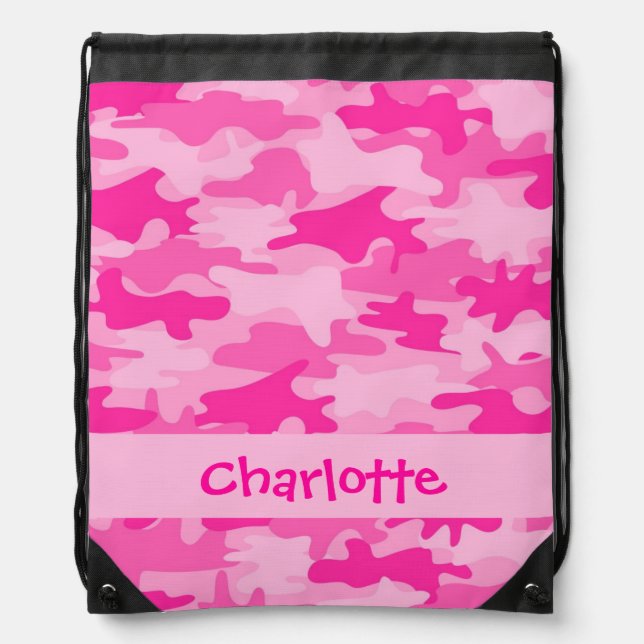 Fuchsia Pink Camouflage Name Personalized Drawstring Bag (Front)