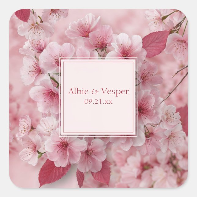 Fuchsia Pink Cherry Blossom Rose Gold Wedding Square Sticker (Front)
