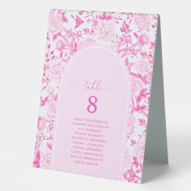 Fuchsia Pink Chinoiserie Menu & Seating Number Table Tent (Front)