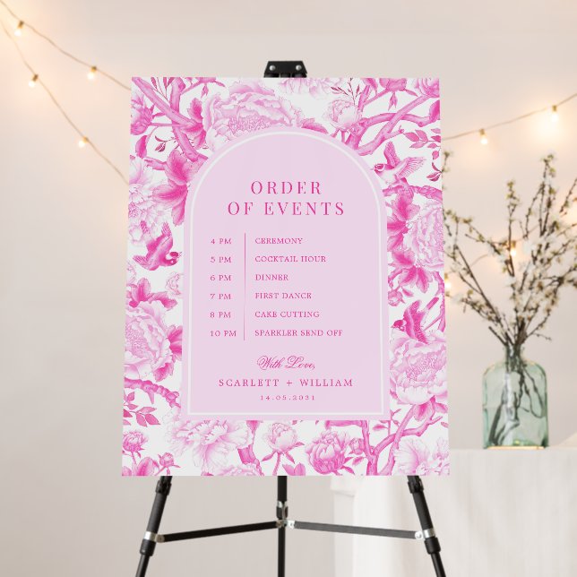 Fuchsia Pink Chinoiserie Wedding Order of Events Foam Board (In Situ (Stand))
