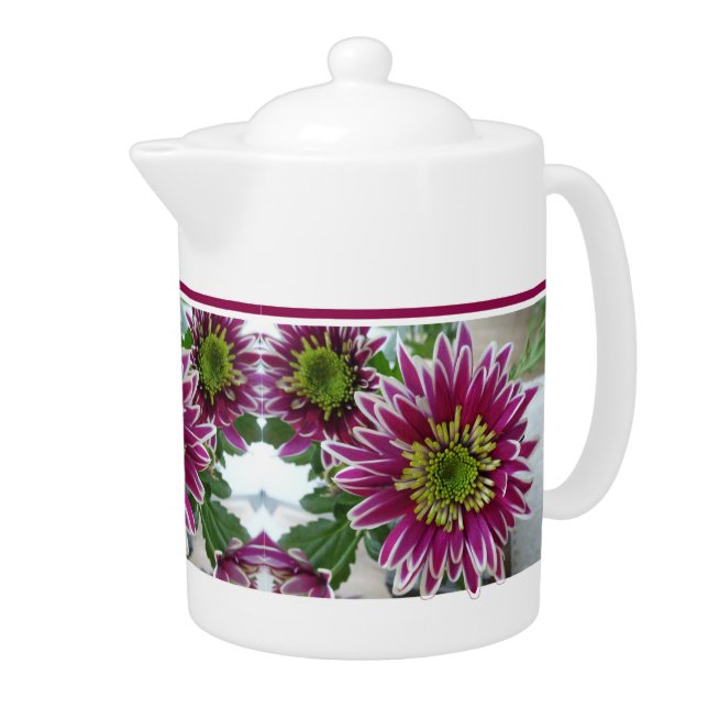 Fuchsia Pink Chrysanthemums Collage Teapot (Right)