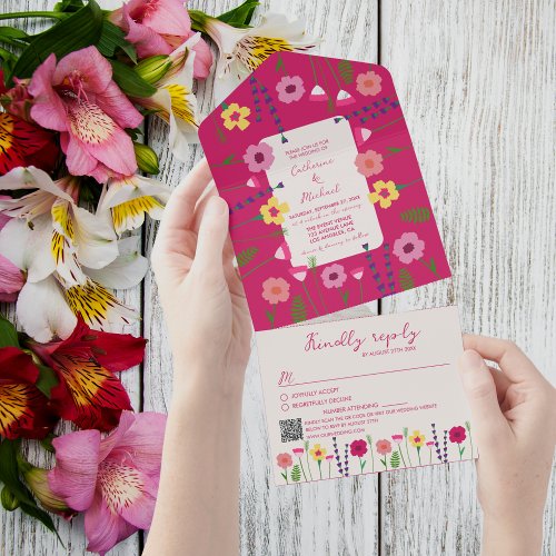 Fuchsia Pink Colorful Bold  Bright Floral Wedding All In One Invitation