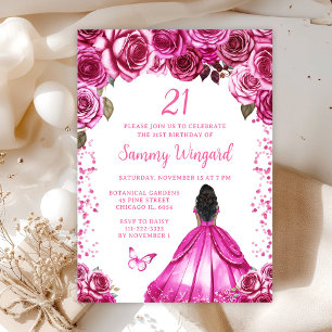 Fuchsia Pink Dark Skin Princess Birthday Party Invitation
