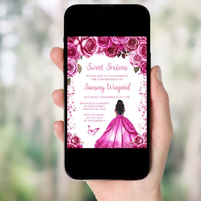 Fuchsia Pink Dark Skin Princess Sweet Sixteen Invitation (Front Digital)