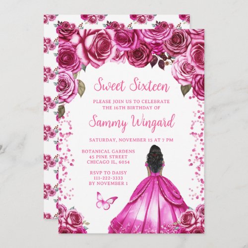 Fuchsia Pink Dark Skin Princess Sweet Sixteen Invitation