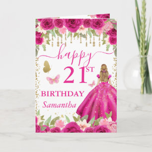 Fuchsia Pink Dress Blonde Princess Birthday Card
