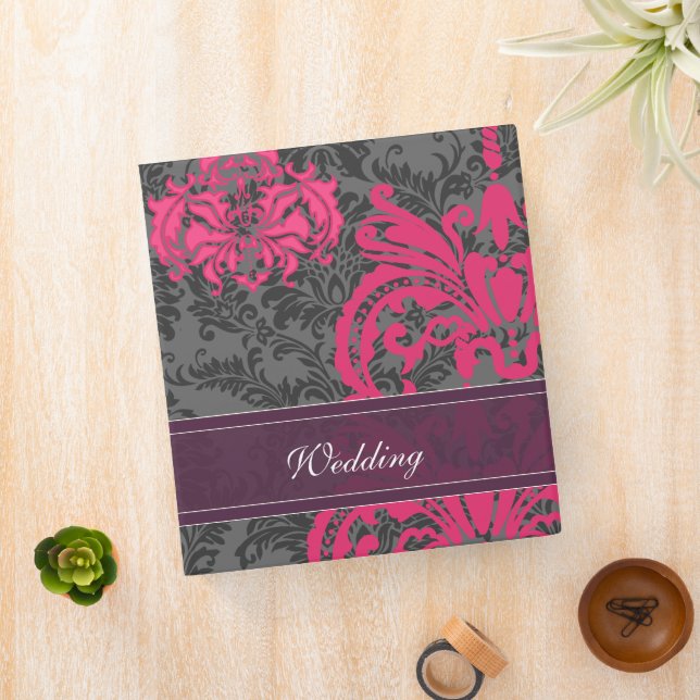 Fuchsia Pink, Eggplant and Gray Damask Wedding Binder (In Situ)