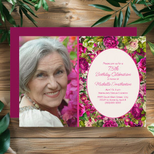 Fuchsia Pink Floral 75th Birthday Photo Invitation
