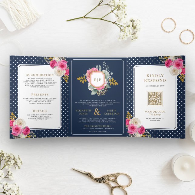 Fuchsia Pink Floral All in One Crest Navy Wedding Tri-Fold Invitation (Creator Uploaded)