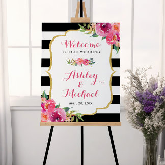Fuchsia Pink Floral Black White Stripes Wedding Foam Board