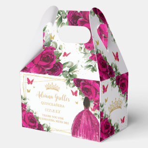 Fuchsia Pink Floral Brown Girl Sweet Quinceañera Favor Boxes