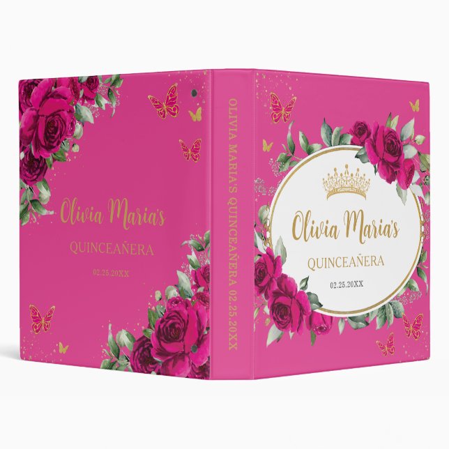 Fuchsia Pink Floral Butterflies Quince Photo Album 3 Ring Binder (Background)