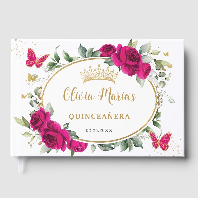 Fuchsia Pink Floral Butterfly Gold Quinceanera 15 Guest Book (Front)
