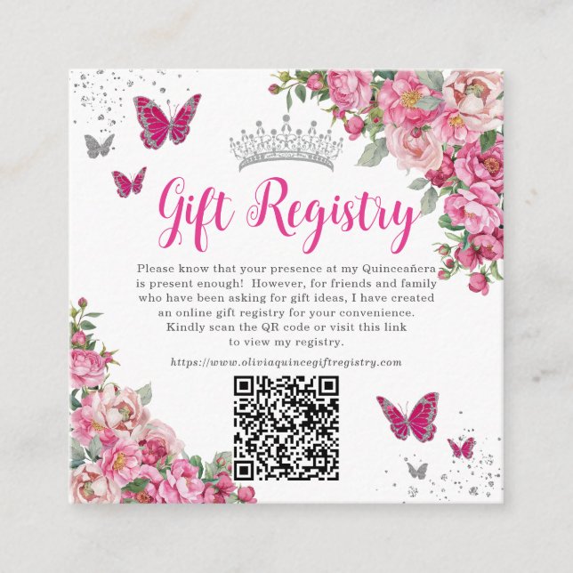 Fuchsia Pink Floral Butterfly Quinceanera QR Gift  Enclosure Card (Front)