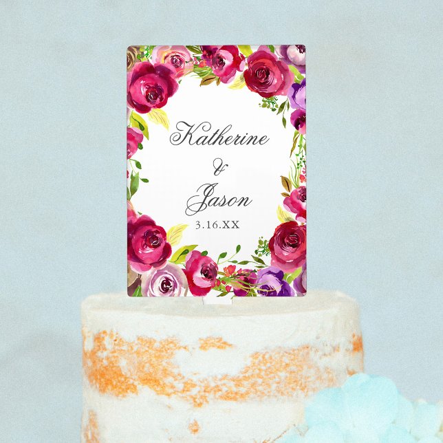 Fuchsia Pink Floral Chic Personalized Wedding Cake Topper (Creator Uploaded)
