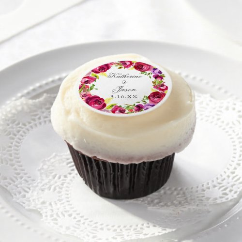 Fuchsia Pink Floral Chic Personalized Wedding Edible Frosting Rounds