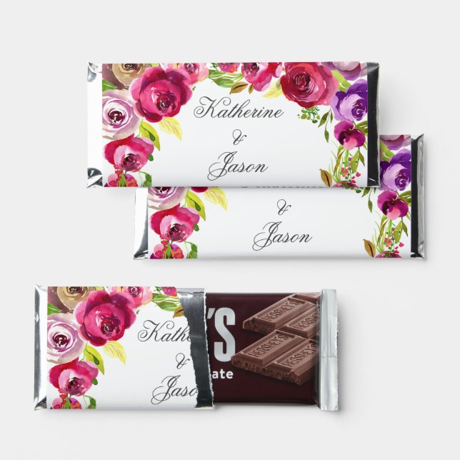 Fuchsia Pink Floral Chic Personalized Wedding Hershey Bar Favors (Front)