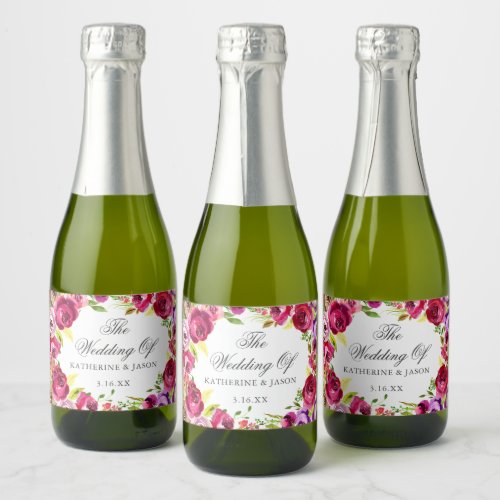 Fuchsia Pink Floral Chic Personalized Wedding Mini Sparkling Wine Label