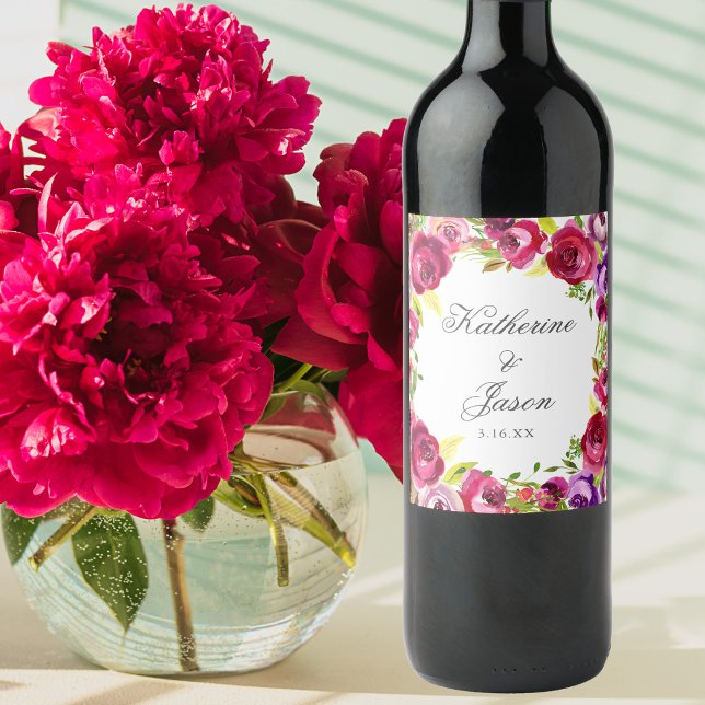 Fuchsia Pink Floral Chic Personalized Wedding Wine Label (Creator Uploaded)